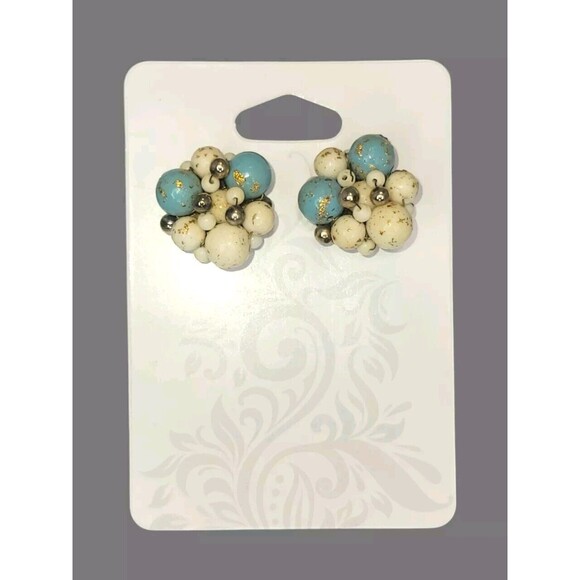 Vtg Cluster Teal Ivory Clip On Earrings 1" Gold Silver Accent Classic Vintage - Picture 1 of 5